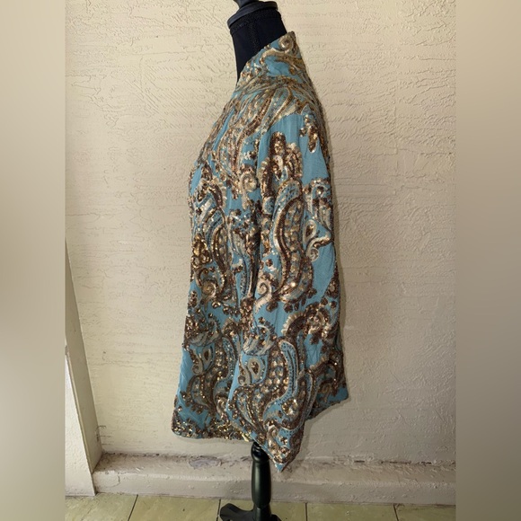 Anthropologie Ettawa Sequins Turquoise and Gold Toned Kimono Jacket- M/L - Picture 8 of 13